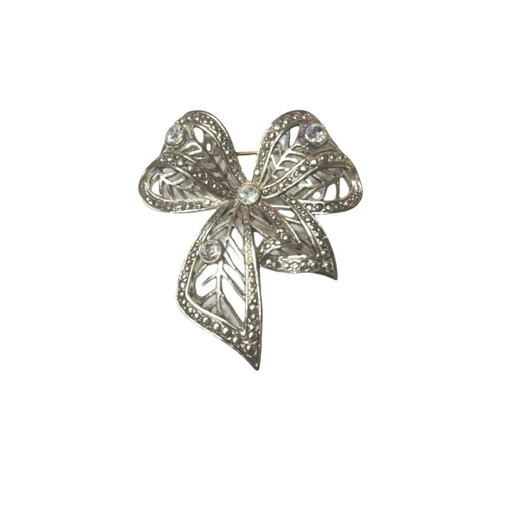 Vintage Ribbon Bow Open Work Brooch Pin Rhinestone Silver Tone 2.5”